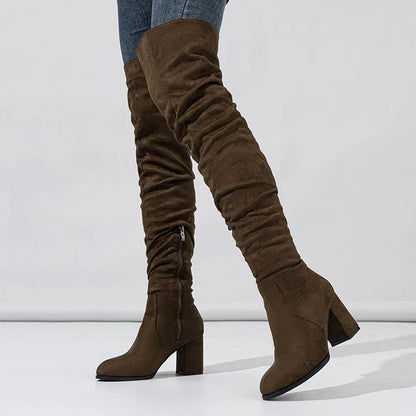 Women's Knee High Boots Pointed Toe Block Heel Slouch Black