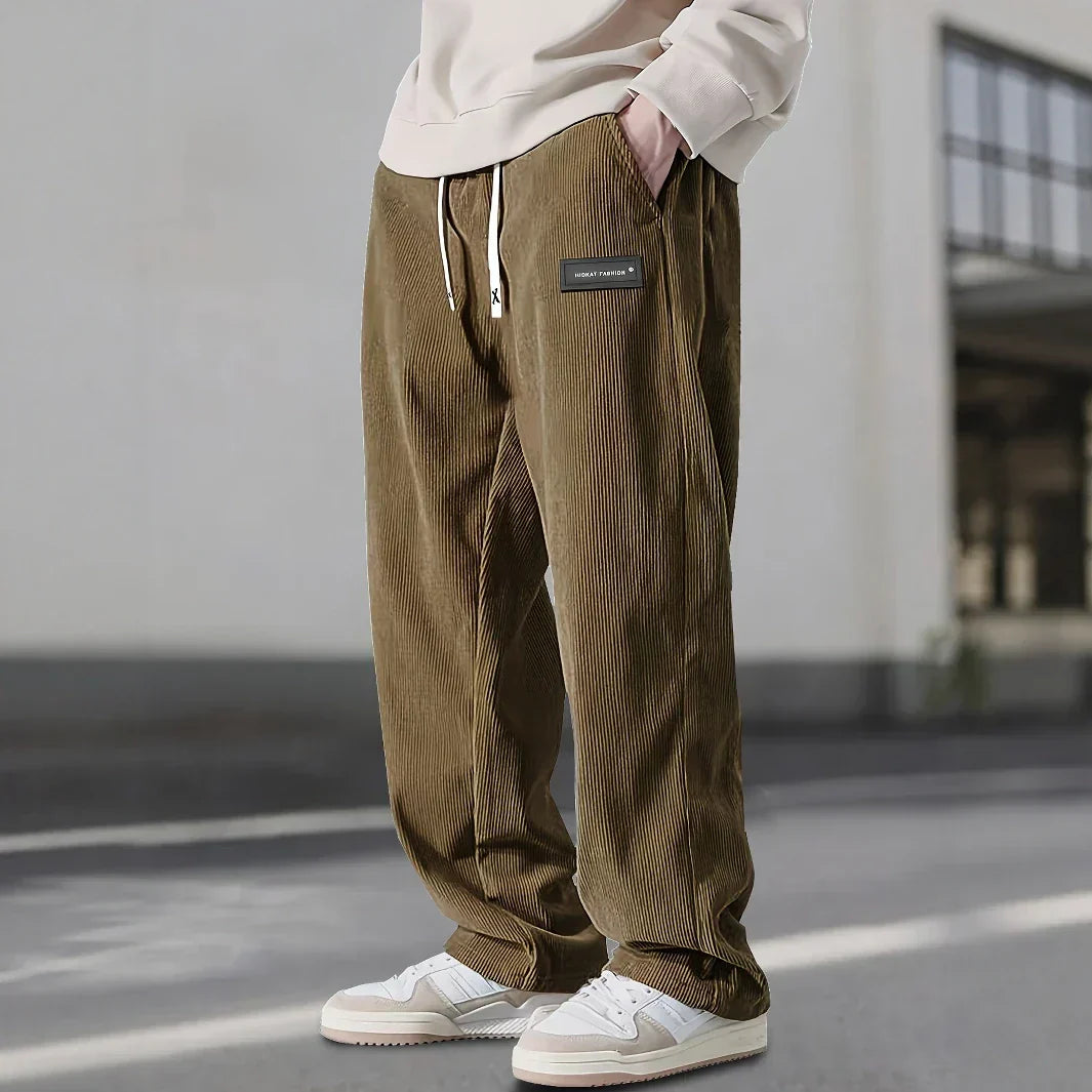 Men's Straight Leg Ribbed Pants Drawstring Waist Cotton
