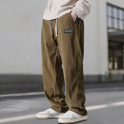 Men's Straight Leg Ribbed Pants Drawstring Waist Cotton