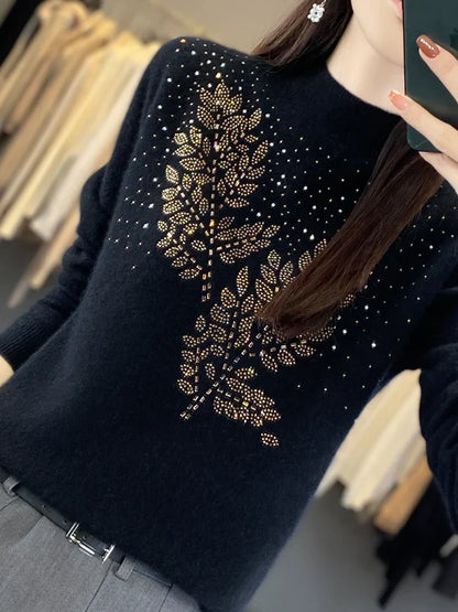 Women's Beaded Sweater Floral Embellishment