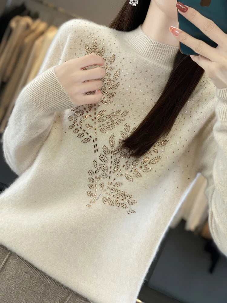 Women's Beaded Sweater Floral Embellishment