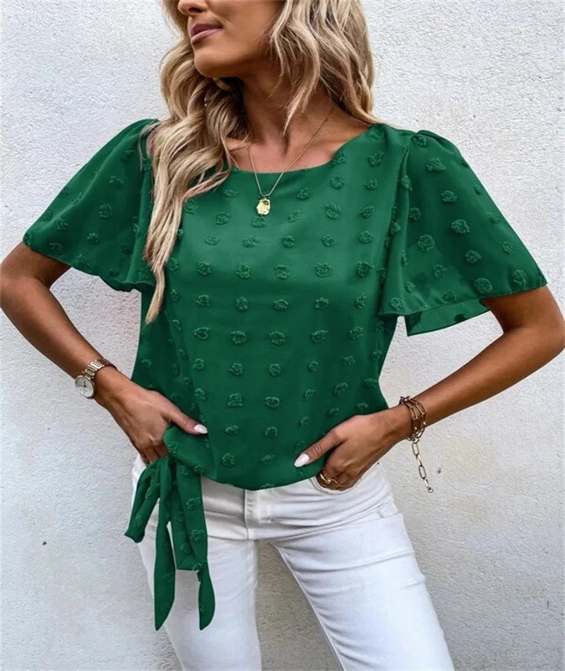 Women's Round Neck Blouse Puff Sleeves Floral Tie