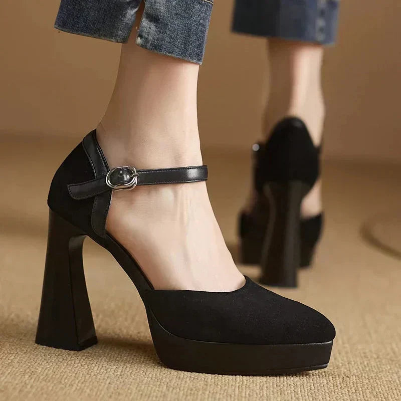 Ladies High Heel Ankle Strap Block Pumps Shoes