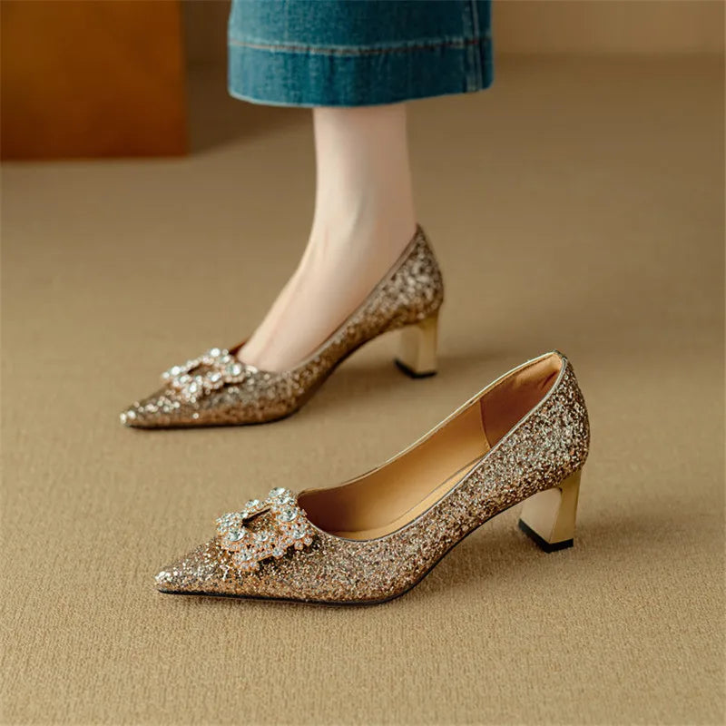 Women's Glitter Pumps Pointed Toe Crystal Buckle Heel