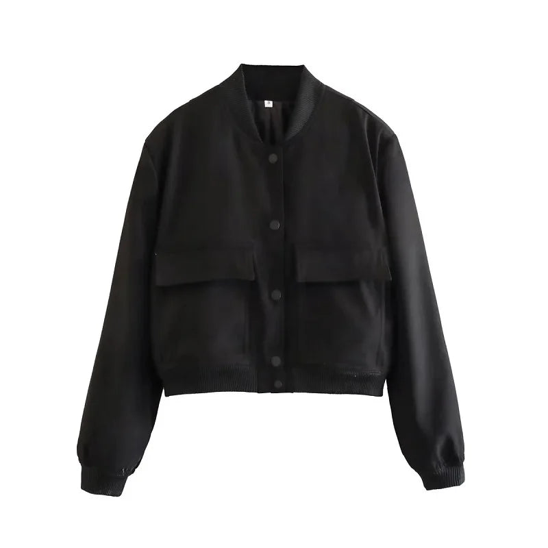 Women's Cropped Bomber Jacket Snap Buttons Utility Pockets