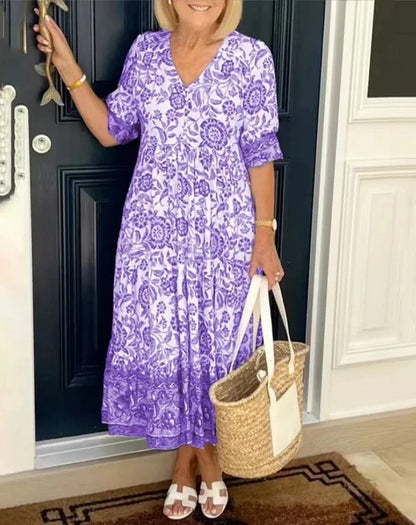 Women's Midi Boho Dress Loose Fit Short Sleeve