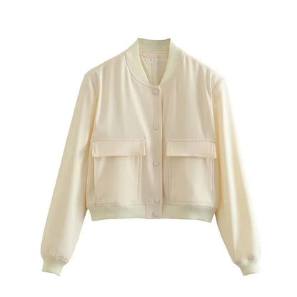 Women's Cropped Bomber Jacket Snap Buttons Utility Pockets