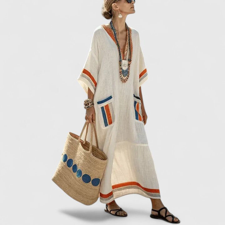 Women's Striped Linen Maxi Dress with Pockets