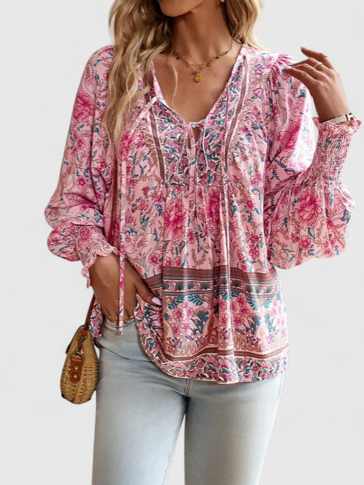 Women's V-Neck Puff Sleeve Blouse Floral Print - VibreMode