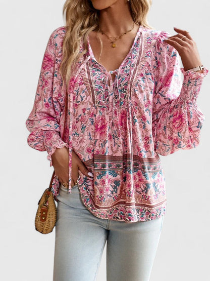 Women's V-Neck Puff Sleeve Blouse Floral Print - VibreMode