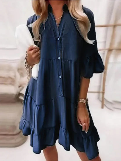 Women's Ruffle Mini Dress Cotton Button Down