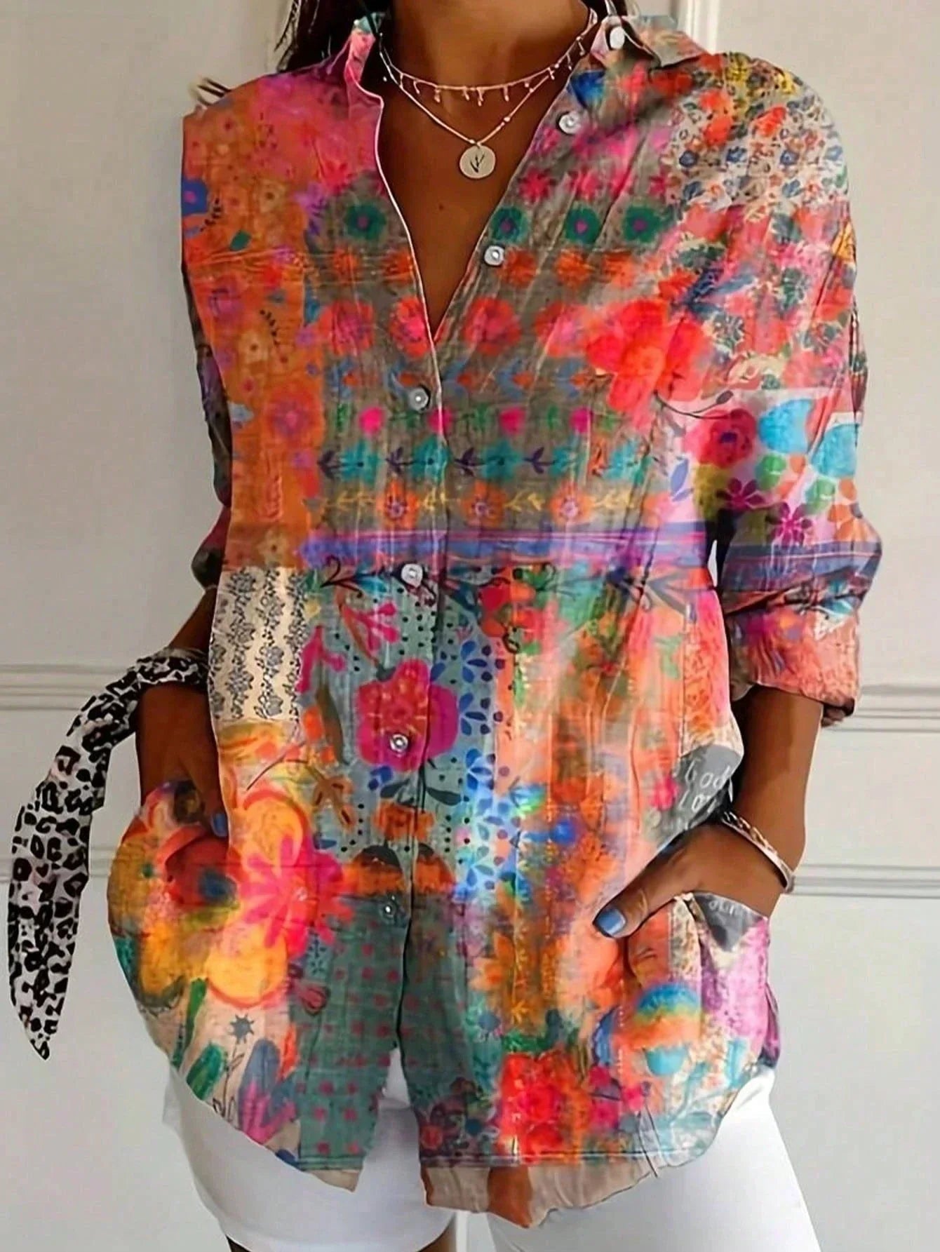 Women's Button Front Printed Blouse