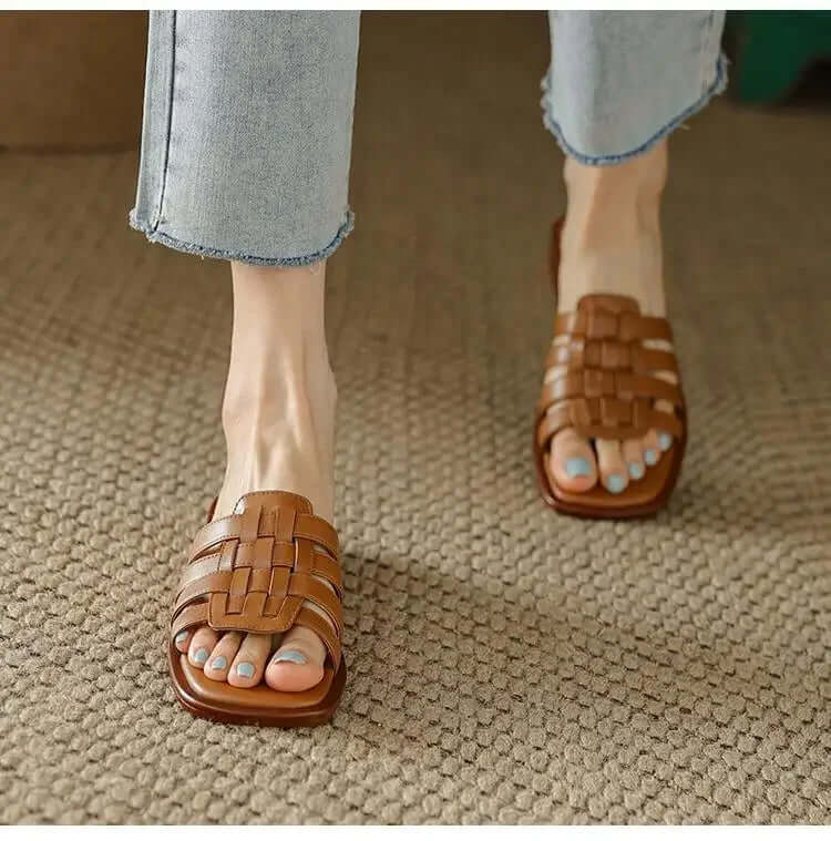 Women's Leather Flat Slides Comfortable