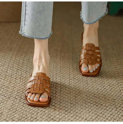 Women's Leather Flat Slides Comfortable