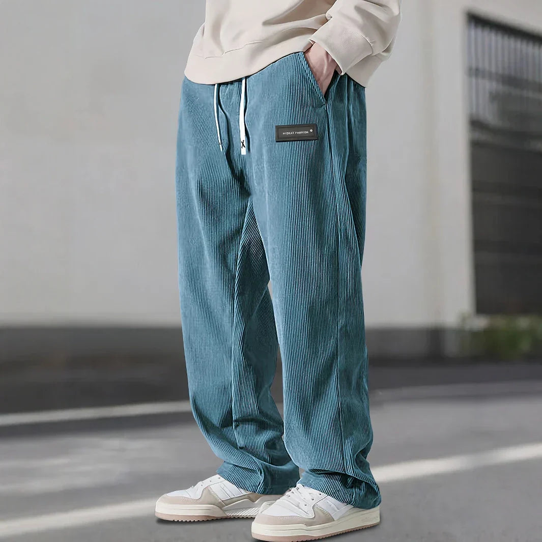 Men's Straight Leg Ribbed Pants Drawstring Waist Cotton
