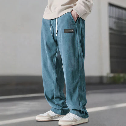 Men's Straight Leg Ribbed Pants Drawstring Waist Cotton