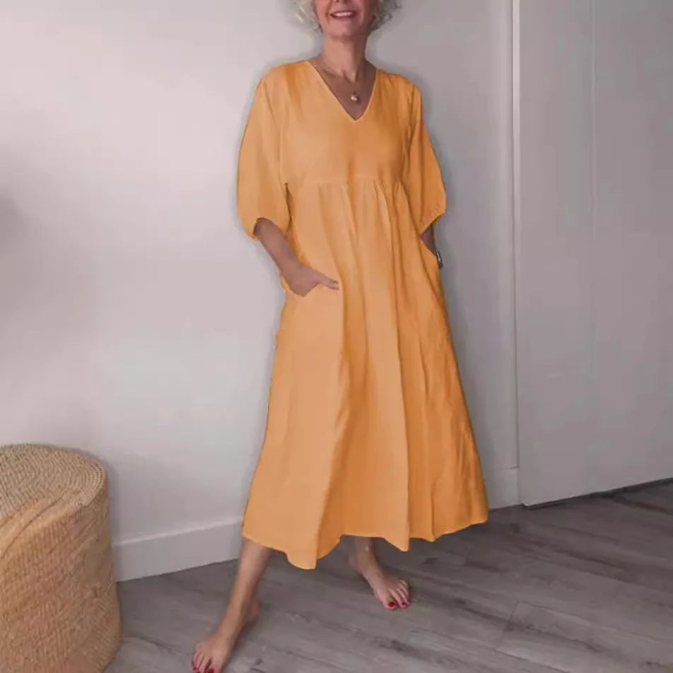 Women's V Neck Midi Dress Tummy Control with Pockets Casual - VibreMode