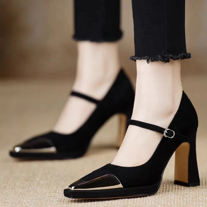 Serena Women's Block Heel Mary Jane Pumps Cap Toe Strap