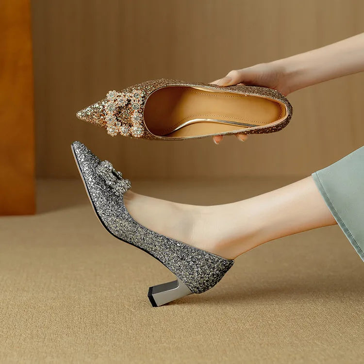 Women's Glitter Pumps Pointed Toe Crystal Buckle Heel