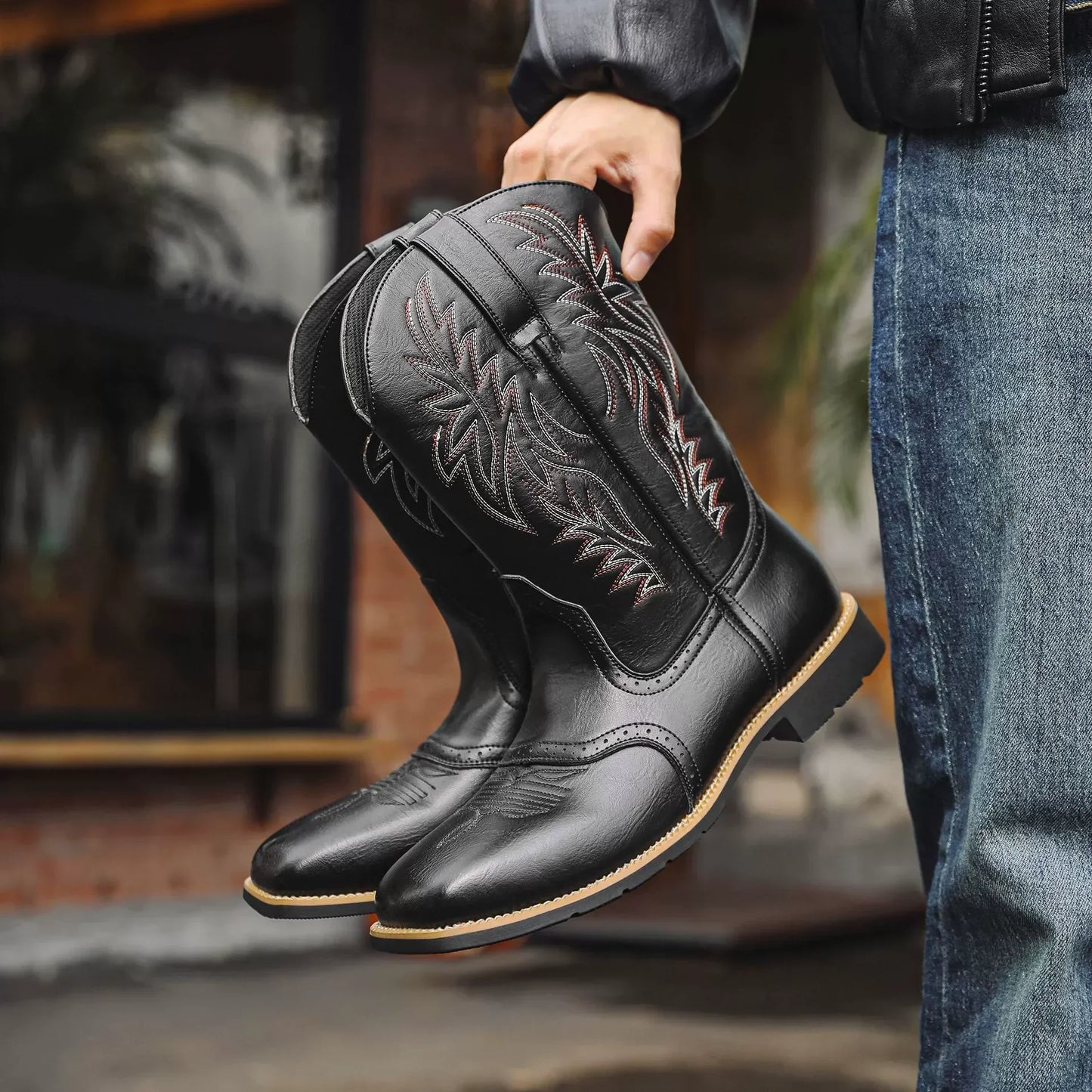 Men's Western Cowboy Boots Embroidered Mid-Calf Square Toe Brown