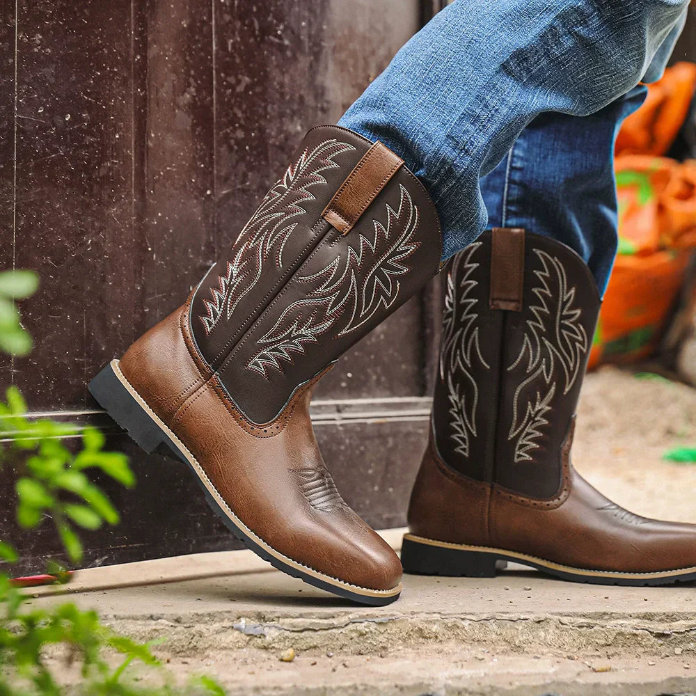 Men's Western Cowboy Boots Embroidered Mid-Calf Square Toe Brown - VibreMode