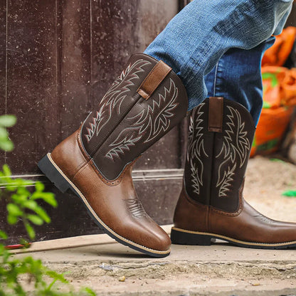Men's Western Cowboy Boots Embroidered Mid-Calf Square Toe Brown - VibreMode