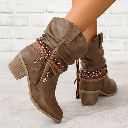 Women's Block Heel Boots Side Tie