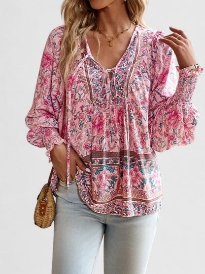 Women's V-Neck Puff Sleeve Blouse Floral Print