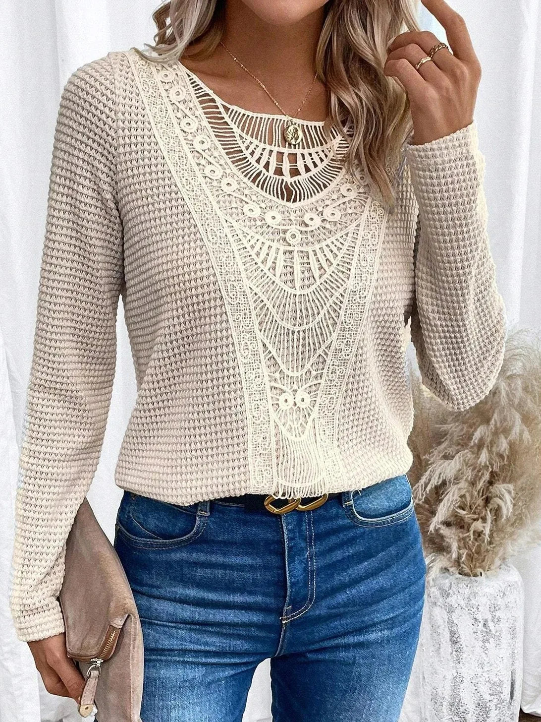 Women's Crochet Lace Sweater V-Neck - VibreMode