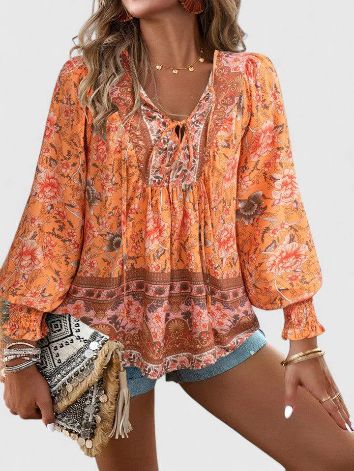 Women's V-Neck Puff Sleeve Blouse Floral Print