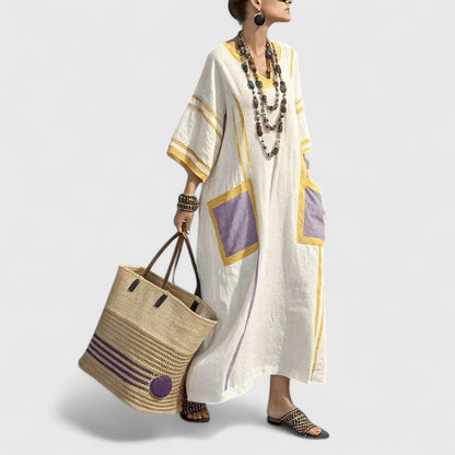 Women's Striped Linen Maxi Dress with Pockets