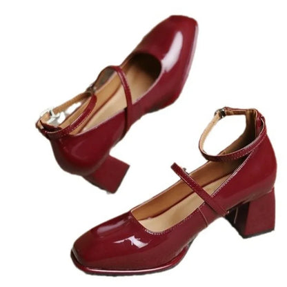 Women's Block Heel Pumps Ankle Strap Square Toe Mary Jane