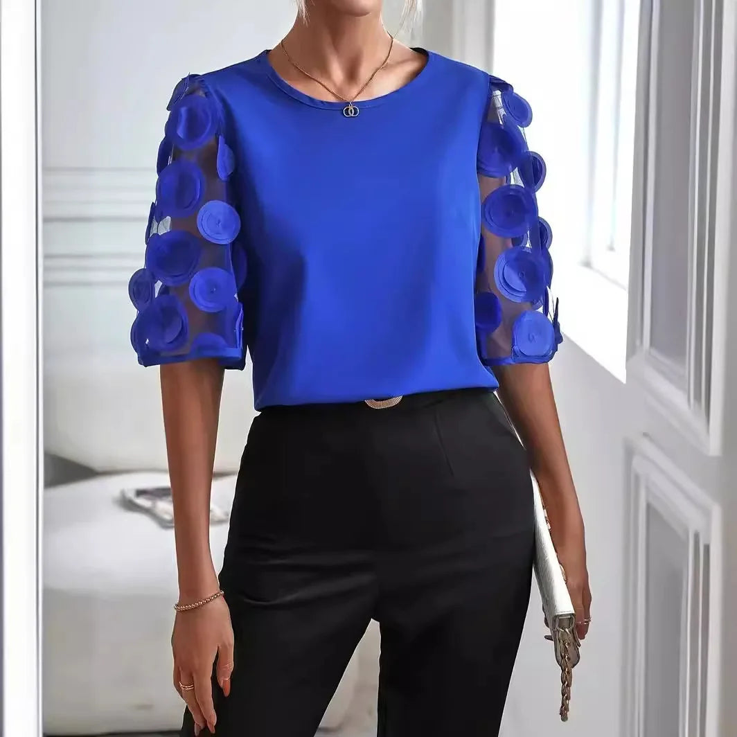Women's V-Neck Blouse Sheer Sleeves