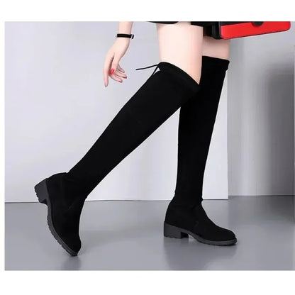 Women's Black Over-Knee Lace Boots Chunky Heel