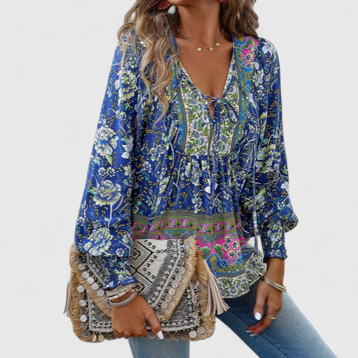 Women's V-Neck Puff Sleeve Blouse Floral Print