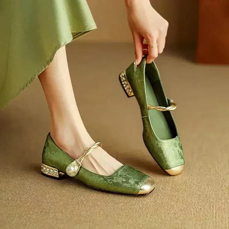 Women's Mary Jane Shoes Pearl Strap Glitter Block Heel - VibreMode