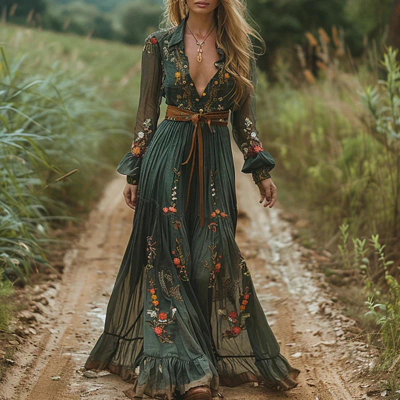 Women's Floral Maxi Dress Ruffle Collar Tie Waist - VibreMode
