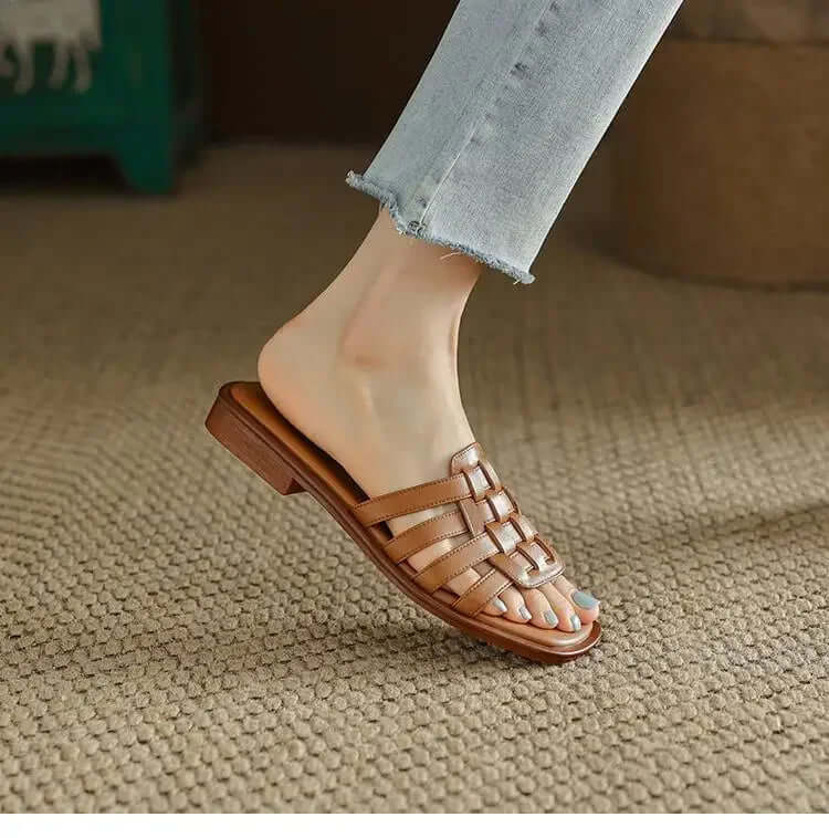 Women's Leather Flat Slides Comfortable