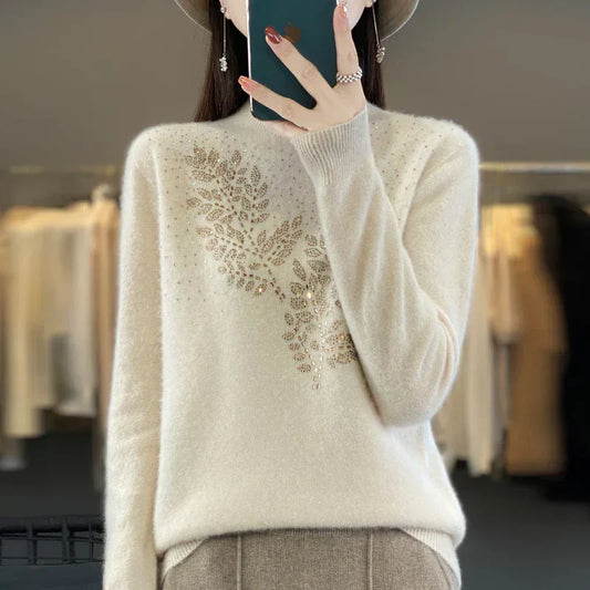 Women's Embellished Sweater Leaf Design - VibreMode