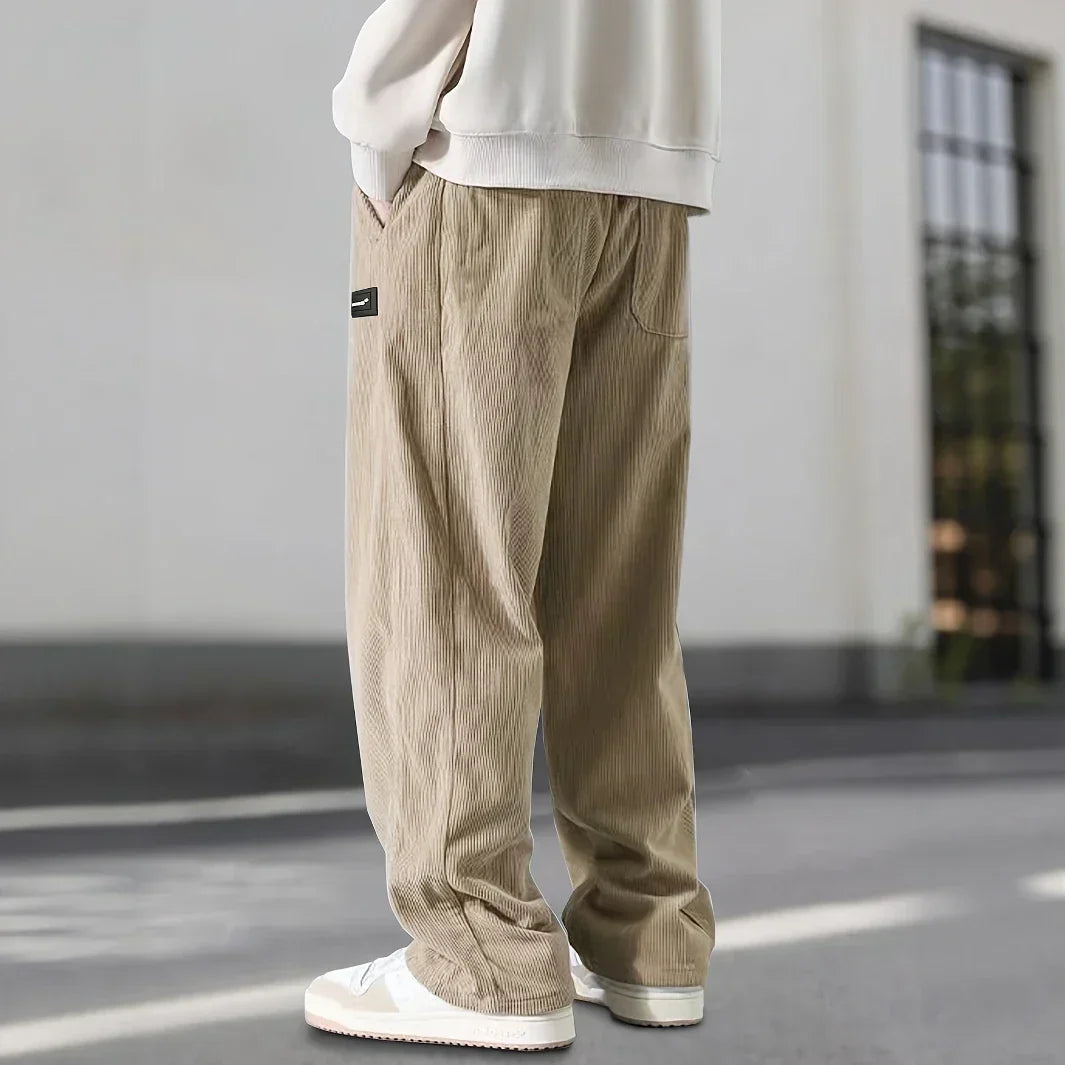 Men's Straight Leg Ribbed Pants Drawstring Waist Cotton