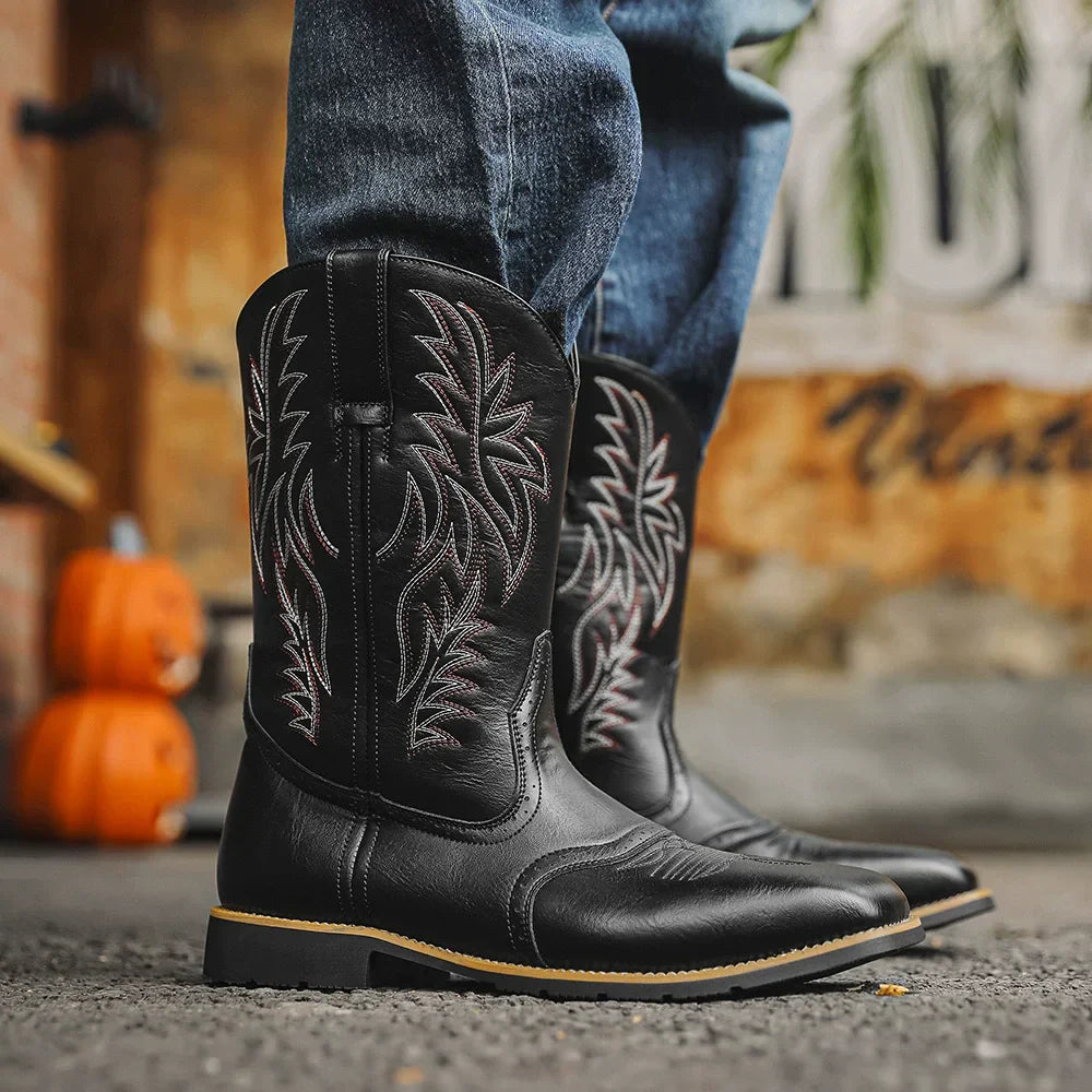 Men's Western Cowboy Boots Embroidered Mid-Calf Square Toe Brown