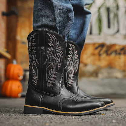 Men's Western Cowboy Boots Embroidered Mid-Calf Square Toe Brown