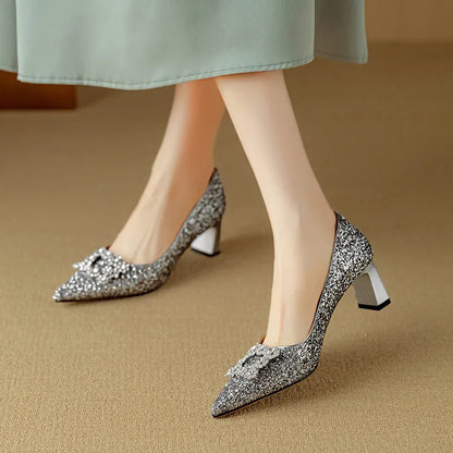 Women's Glitter Pumps Pointed Toe Crystal Buckle Heel