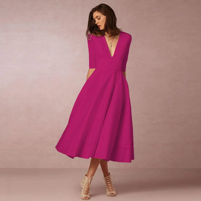 Women's Deep V Neck Midi Dress Half Sleeves Flared Skirt