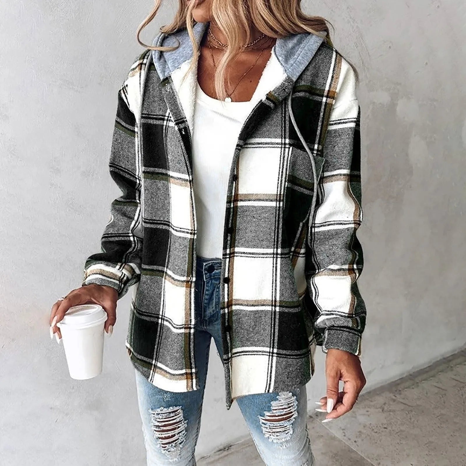 Women's Plaid Hooded Cardigan - VibreMode