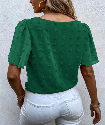 Women's Round Neck Blouse Puff Sleeves Floral Tie