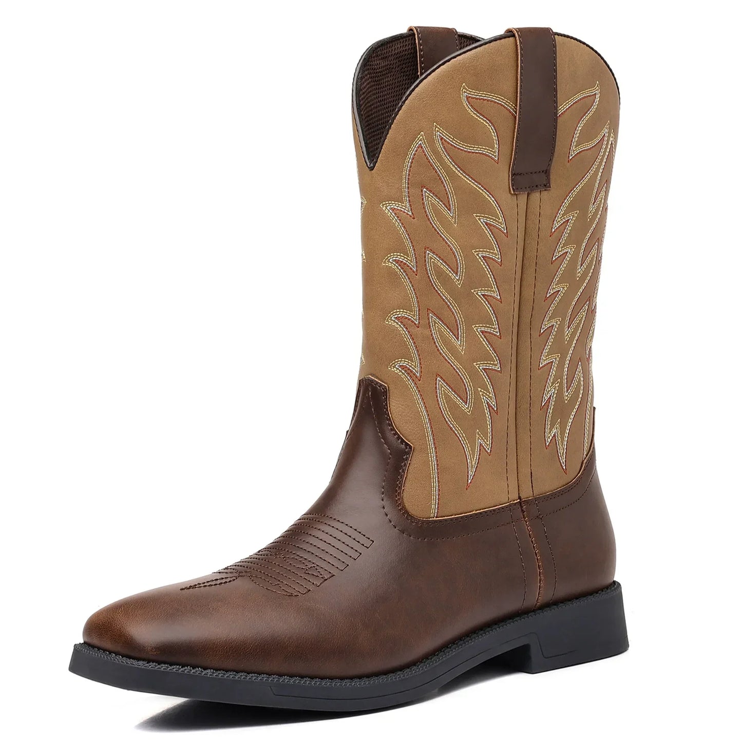Men's Western Cowboy Boots Embroidered Mid-Calf Square Toe Brown