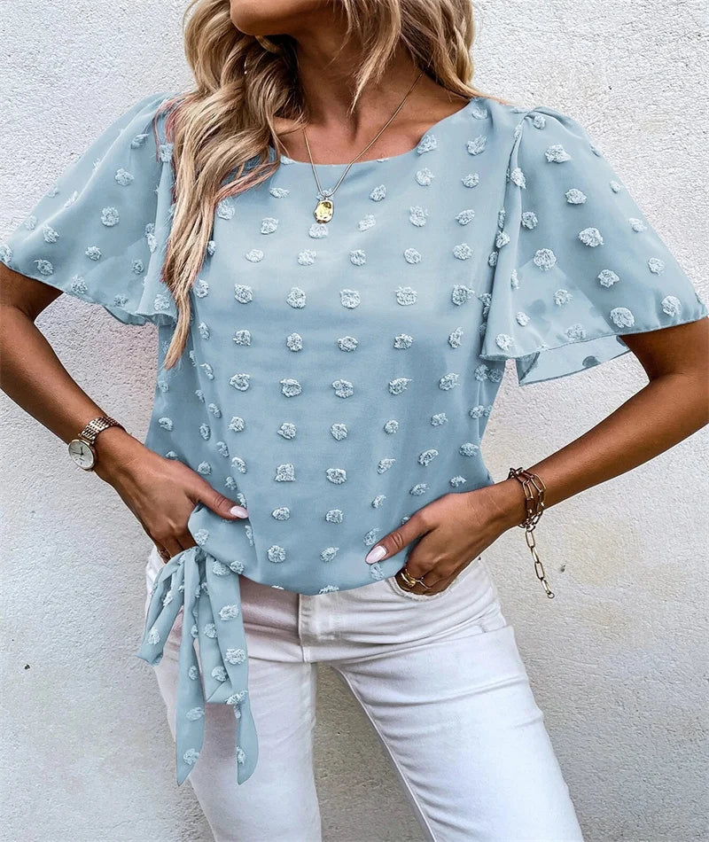 Women's Round Neck Blouse Puff Sleeves Floral Tie