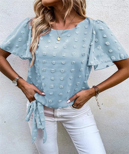 Women's Round Neck Blouse Puff Sleeves Floral Tie