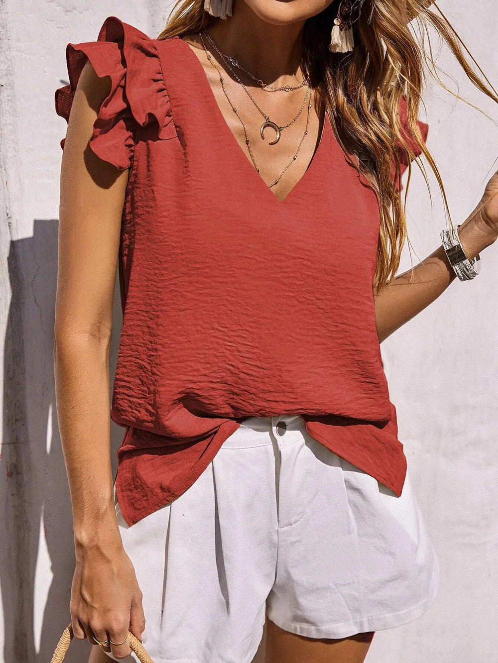 Women's V-Neck Blouse Ruffle Sleeves